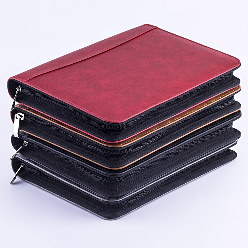 Leather Work Folder - A5 Padfolio แฟ้มโฟลเดอร์เอกสารกระเป๋าเครื่องคิดเลขซิป Fichario Binder โน๊ตบุ๊ค