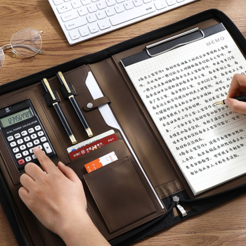 Leather Work Folder - มัลติฟังก์ชั่น A4/A5 หนัง PU Portfolio สําหรับเอกสารซิปกระเป๋าเครื่องคิดเลขปากกา